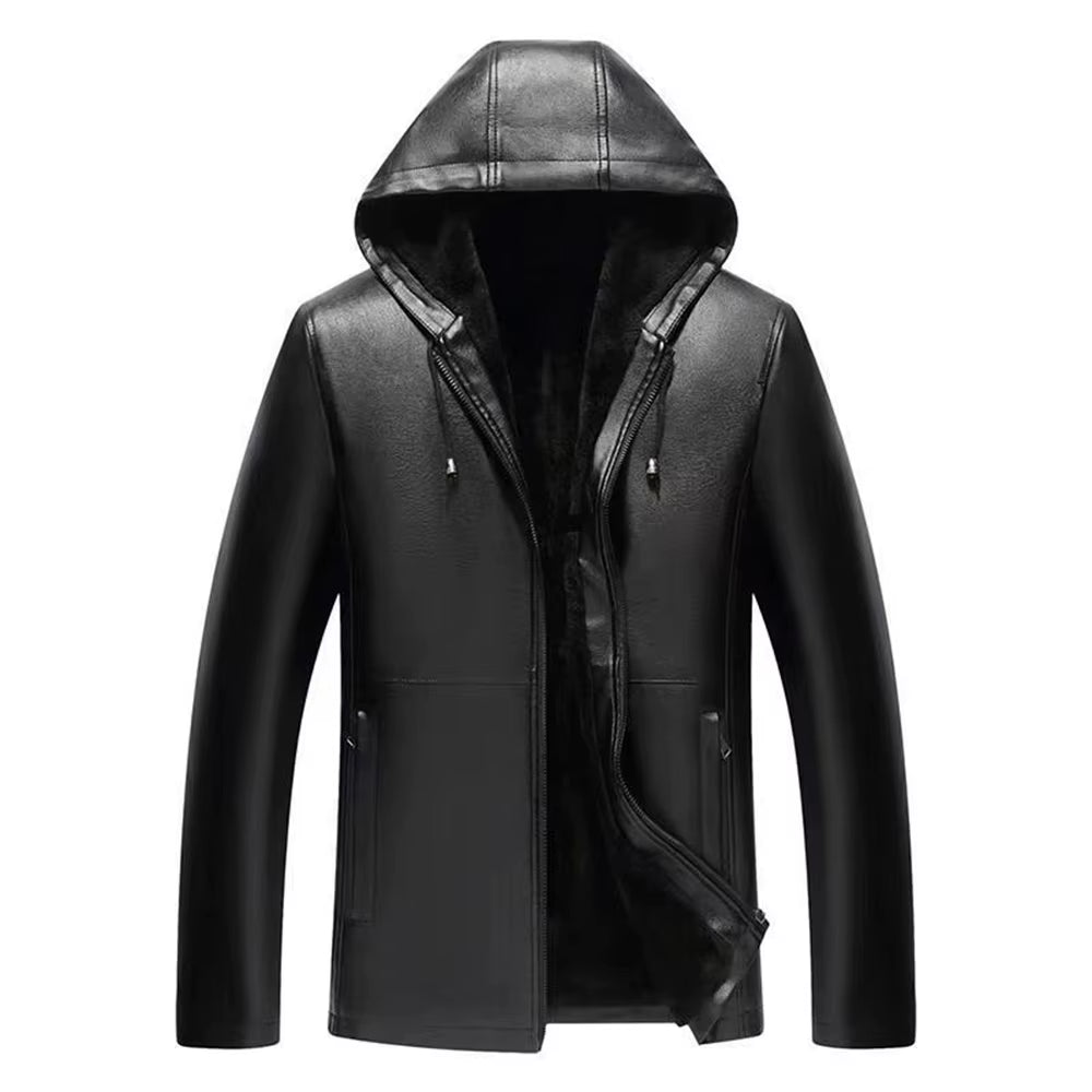 FOCUSFIT Men'S Winter Hooded Leather Jacket Men'S PU Material Casual Leather Jacket plus Velvet Men'S Leather Jacket